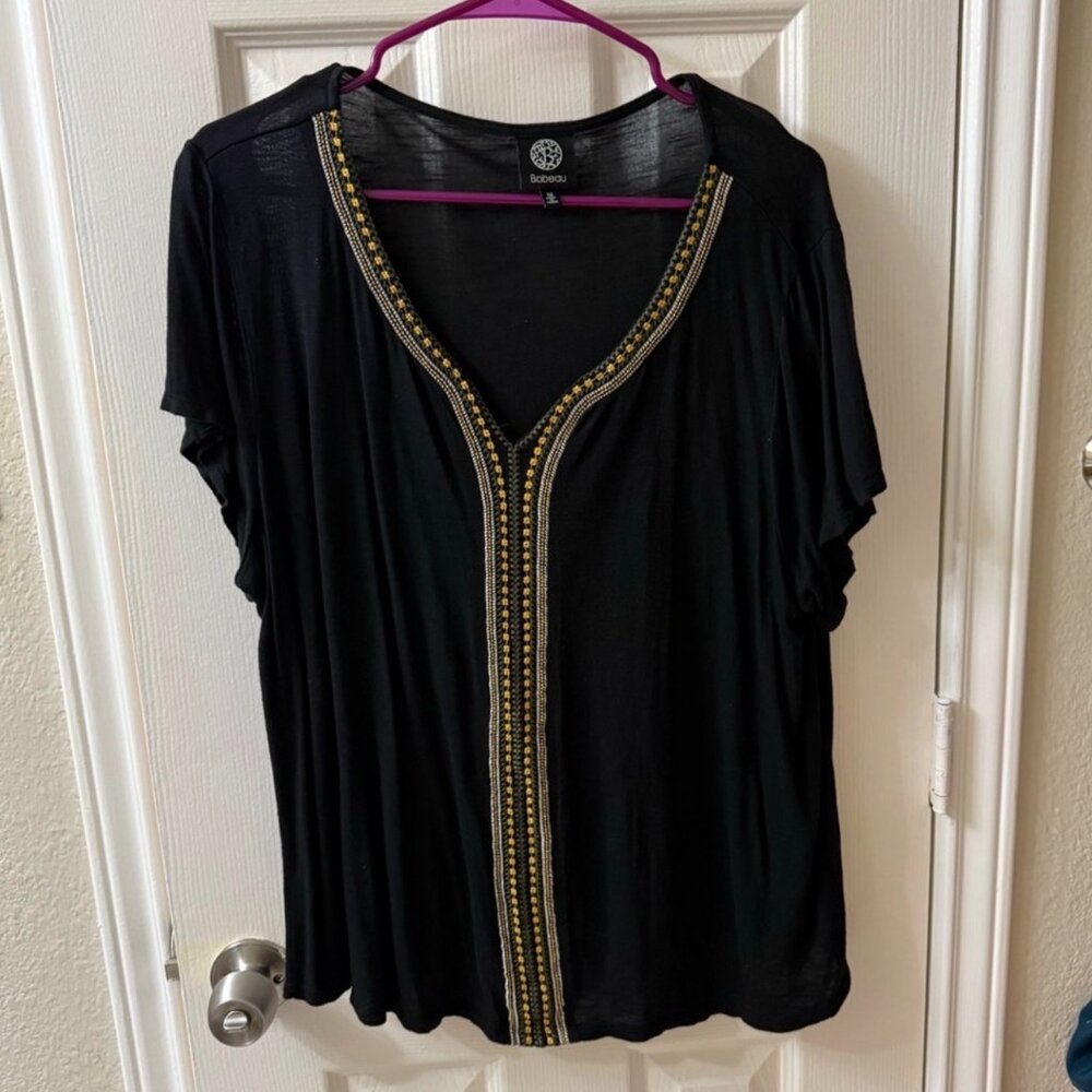 Bobeau Black Top with Gold Beaded Trim